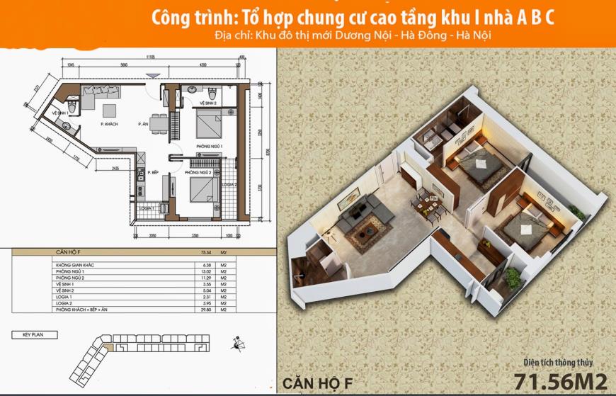 Mặt bằng căn hộ F dự án HH2 ABC Dương Nội