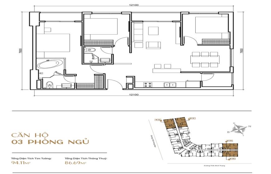 Thiết kế căn hộ 03 phòng ngủ tại Simona Heights Quy Nhơn