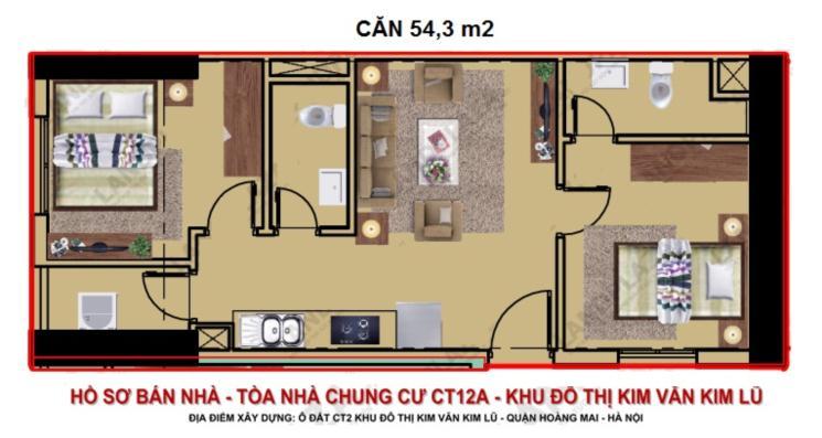 Mặt bằng căn hộ 54,3 m2 dự án Kim Văn Kim Lũ