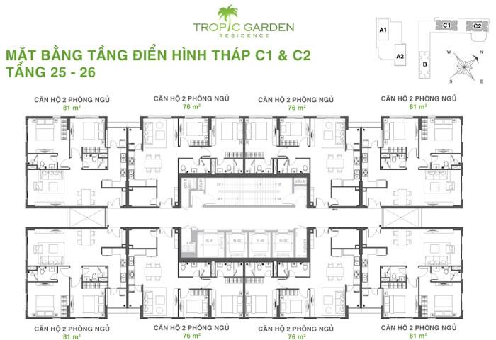 Mặt bằng tầng điển hình tháp C1-C2 Căn hộ Tropic Garden tầng 25-26