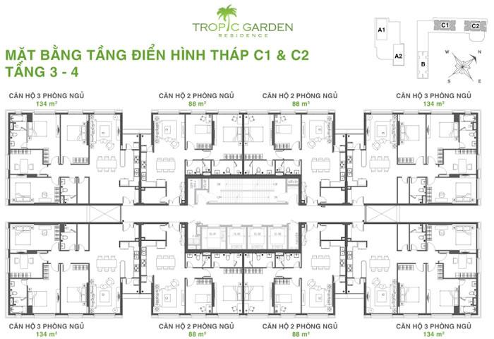 Mặt bằng tầng điển hình tháp C1-C2 Căn hộ Tropic Garden tầng 3-4