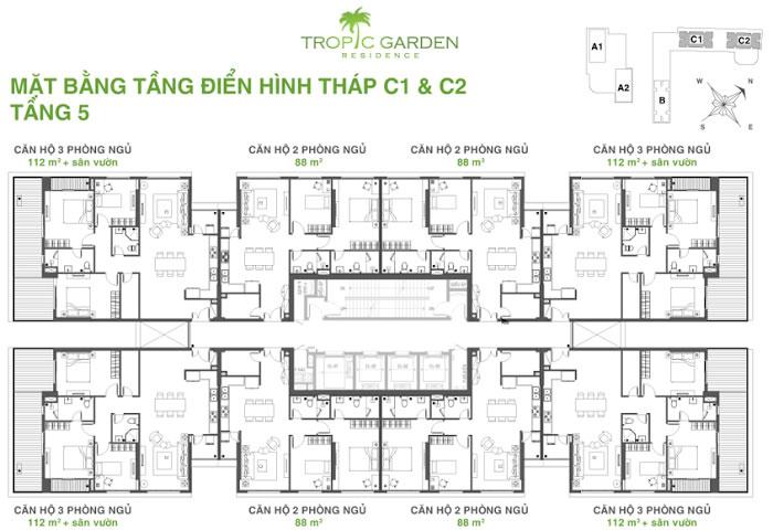 Mặt bằng tầng điển hình tháp C1-C2 Căn hộ Tropic Garden tầng 5