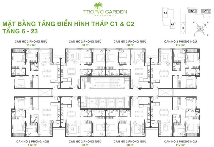 Mặt bằng tầng điển hình tháp C1-C2 Căn hộ Tropic Garden tầng 6-23