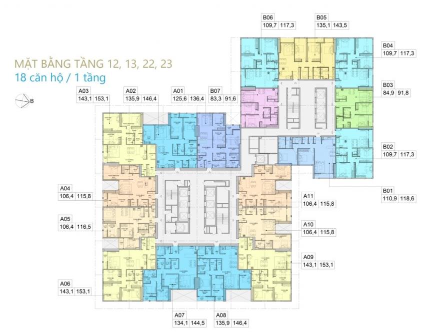 Mặt bằng tầng 12,13,22,23 chung cư BID Residence 
