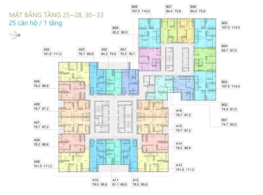 Mặt bằng tầng 25~28 và tầng 30~33 chung cư BID Residence 