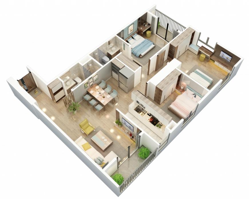Thiết kế căn hộ 3 phòng ngủ 2 nhà vệ sinh chung cư BID Residence 